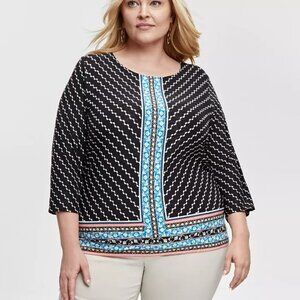 JM Collection Women's Plus Size Jacquard 3/4-Sleeve Top Size 2X, Black NWT